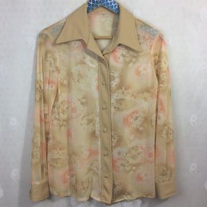 Vintage Semi Sheer Tan Pink Floral Button Up Top L